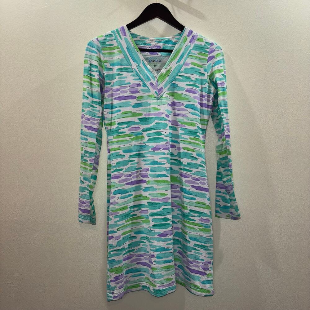 IBKUL Deidra UPF 50+ Long Sleeve Golf Dress Aqua Green Purple Print Size XS